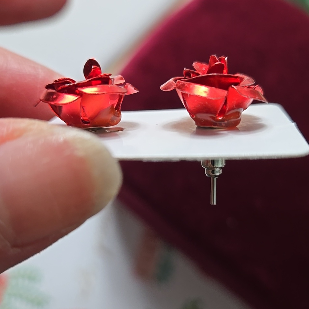 Vibrant Red Rose Stud Earrings - Picture 9 of 11